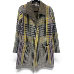 Spring + Mercer Long Open-Front Cardigan Coat Plaid Knit